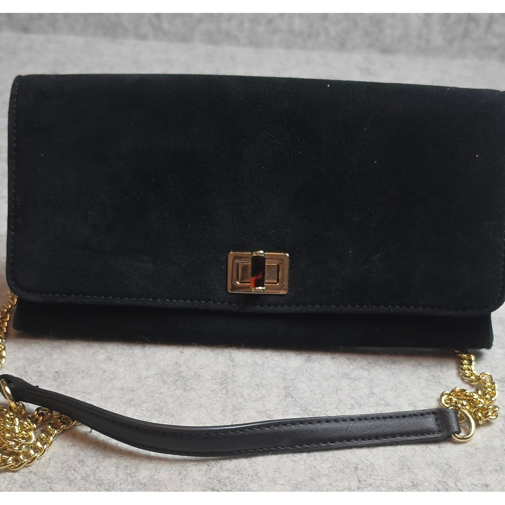 Vintage Talbots Black Suede Genuine Leather Envelope Clutch Gold Chain Strap